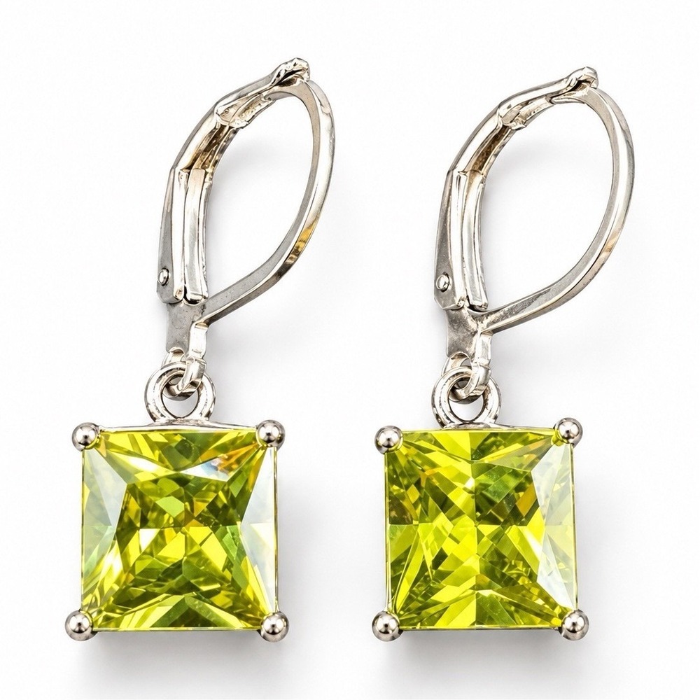 Yellow Green Faceted Rectangular Dangle Earrings Silver Tone Leverback NWOT